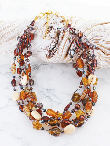 Mixed Glass Bead Cluster Necklace - Brown