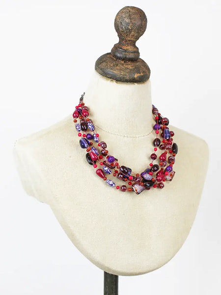Mixed Glass Bead Cluster Necklace - Plum