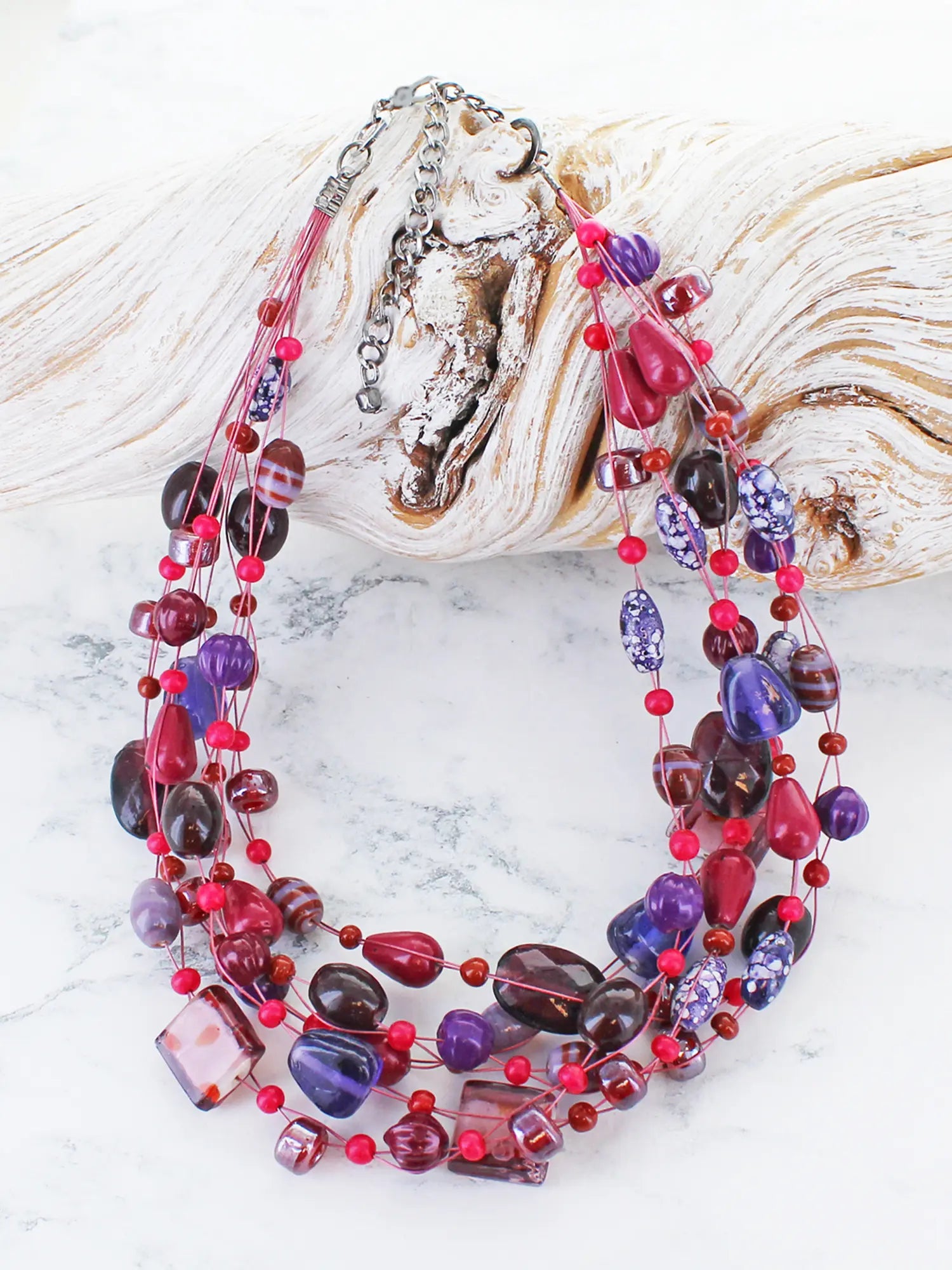 Mixed Glass Bead Cluster Necklace - Plum