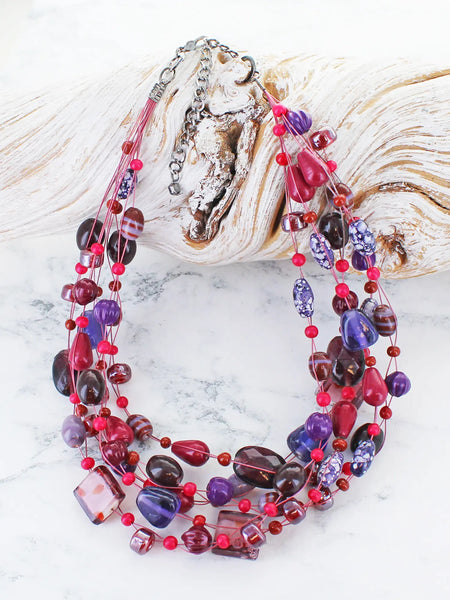Mixed Glass Bead Cluster Necklace - Plum