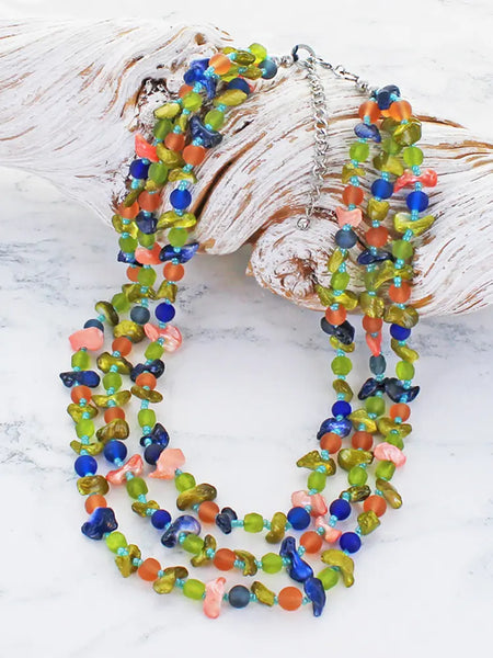 Triple Strand Shell and Glass Necklace - Ocean