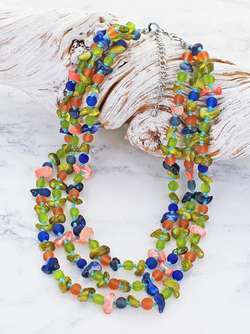 Triple Strand Shell and Glass Necklace - Ocean