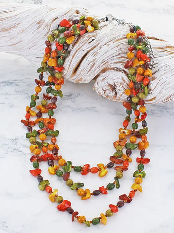 Triple Strand Shell and Glass Necklace - Autumn