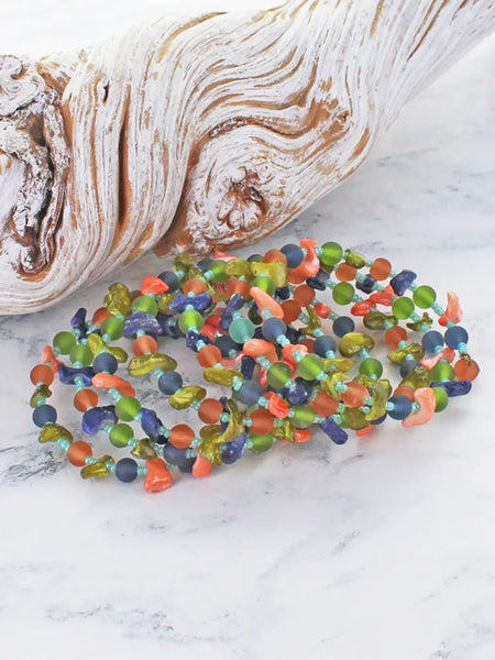 Shell & Glass Beaded Spiral Bracelet - Pinks, Blues, Greens
