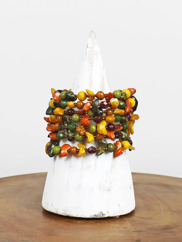 Shell & Glass Spiral Beaded Bracelet - Greens, Mustards, Browns