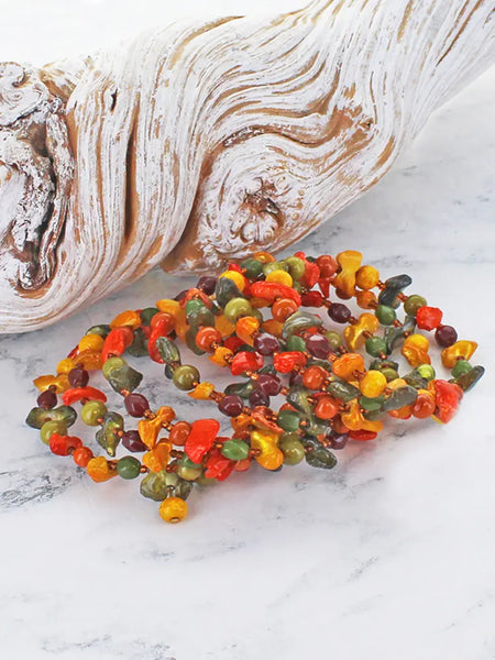 Shell & Glass Spiral Beaded Bracelet - Greens, Mustards, Browns