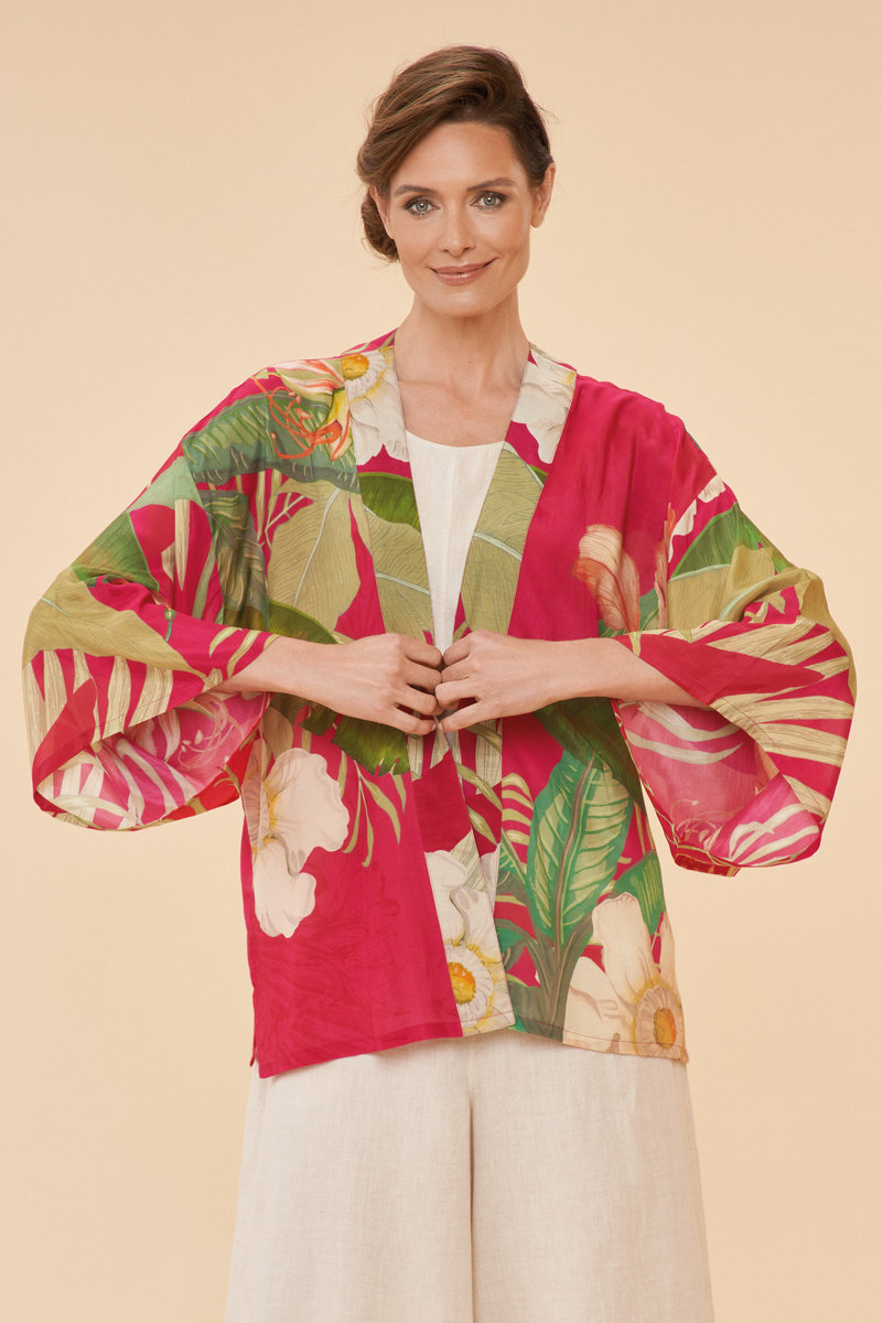 Delicate Tropical Kimono Jacket in Dark Rose