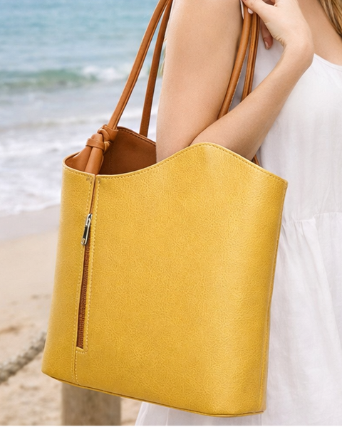 Italian Leather Pebble-Dash Backpack - Yellow & Tan