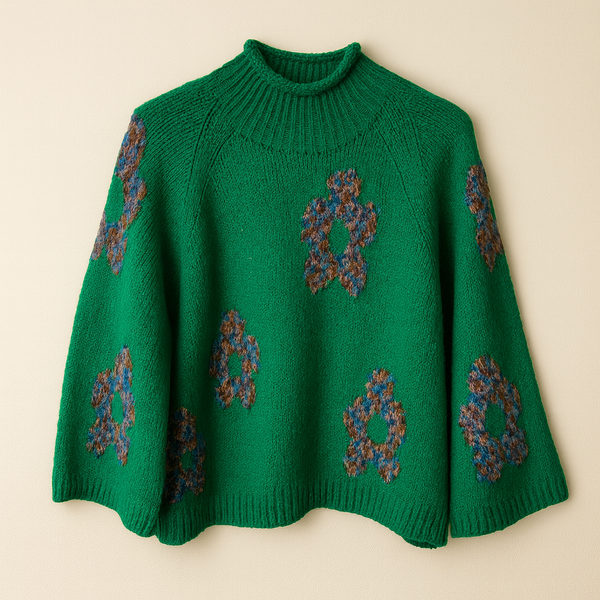 Relaxed Floral Hi-Neck Knit - Jade Green