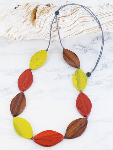 Wood Leaves Disc Necklace - Red/Brown/Yellow