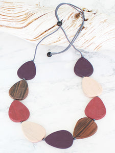 Wooden Pebble Necklace - Pink/Black/Brown