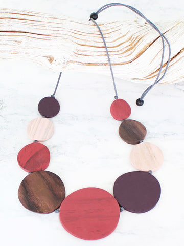 Wood Disc Necklace - Pink/Brown/Red