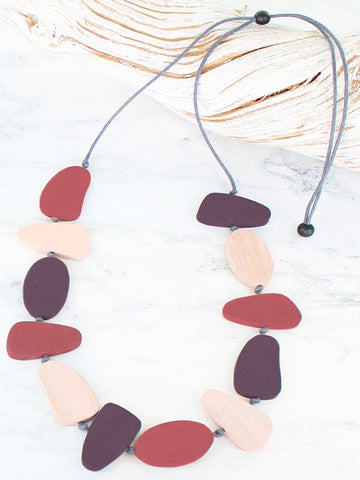 Wooden Pebble Necklace - Pink/Red/Purple