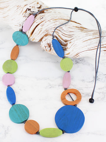 Long Mixed Shape Wooden Necklace - Multi