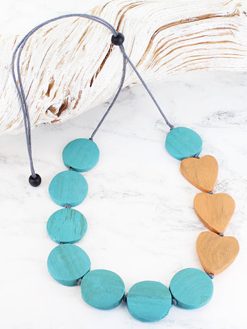Wooden Disc Necklace with Hearts - Green