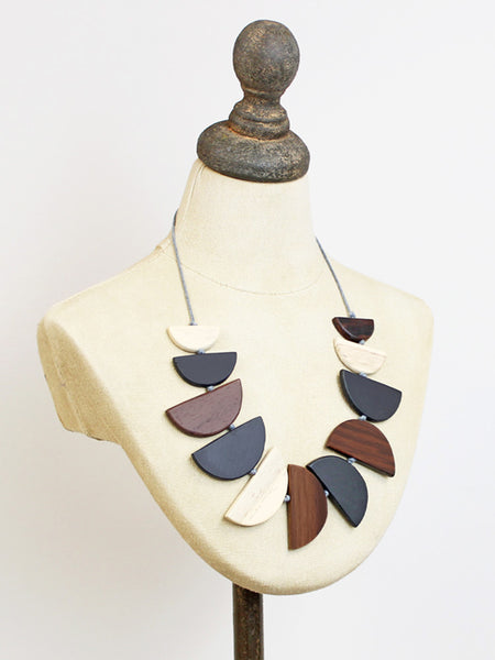 Wooden Half Moon Fan Necklace - Grey/Black & Natural