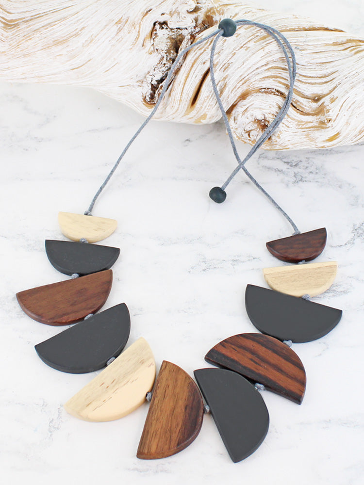 Wooden Half Moon Fan Necklace - Grey/Black & Natural