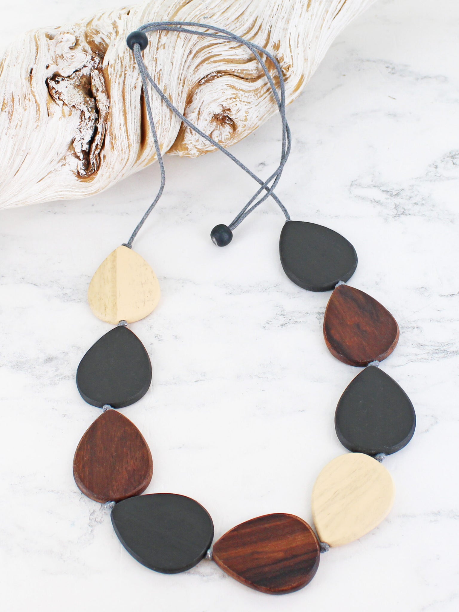 Wooden Teardrop Necklace - Black/Grey & Natural