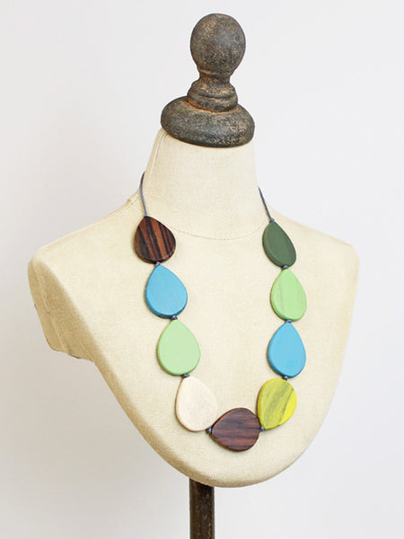 Wooden Teardrop Necklace - Green, Yellow & Brown