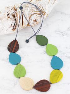 Wooden Teardrop Necklace - Green, Yellow & Brown