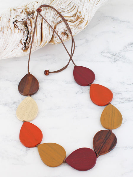 Wooden Teardrop Necklace - Multi Colour