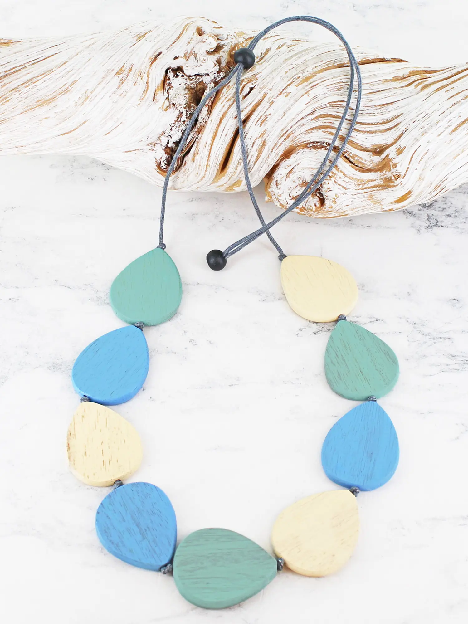 Wooden Teardrop Necklace - Sea Blues & Greens