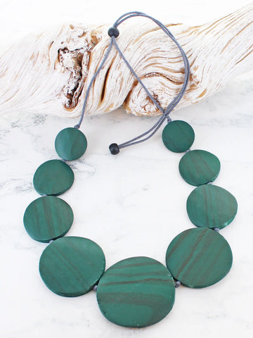 Wooden Graduating Round Disc Necklace - Green