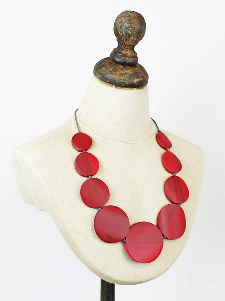 Wooden Graduating Round Disc Necklace - Red