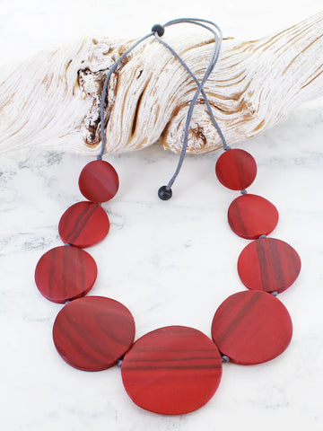 Wooden Graduating Round Disc Necklace - Red
