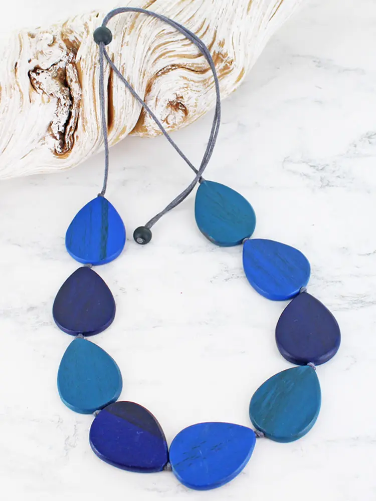 Wooden Teardrop Necklace -Dark Blues
