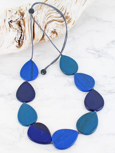 Wooden Teardrop Necklace - Blue