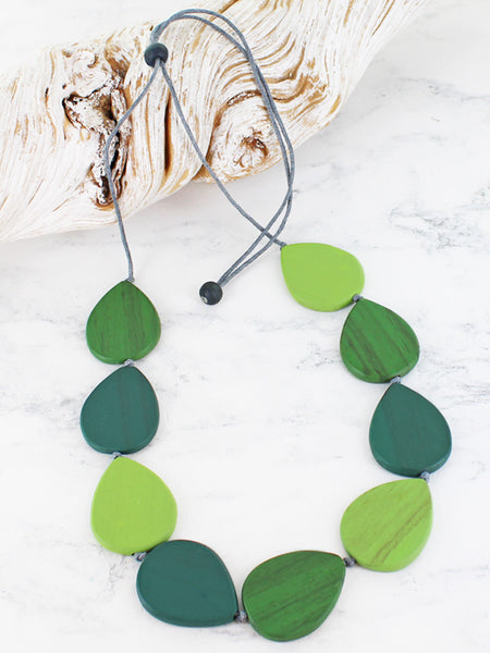 Wooden Teardrop Necklace - Green