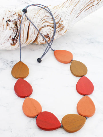 Wooden Teardrop Necklace - Red/Orange/Yellow