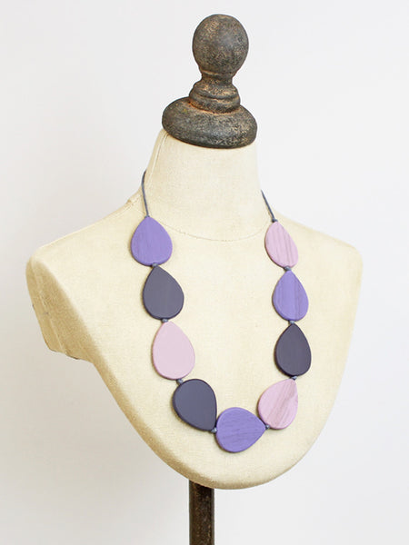 Wooden Teardrop Necklace - Purple/Mauve & Black