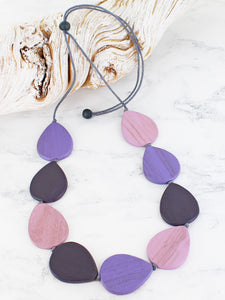 Wooden Teardrop Necklace - Purple/Mauve & Black