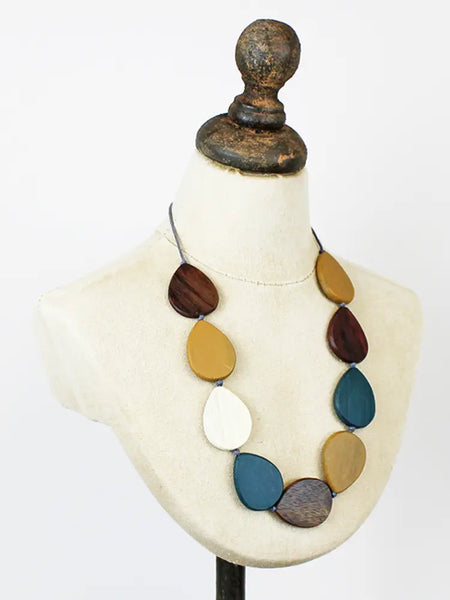 Wooden Teardrop Necklace - Green/Brown/Yellow