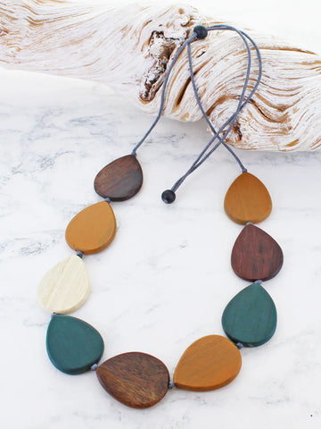 Wooden Teardrop Necklace - Green/Brown/Yellow
