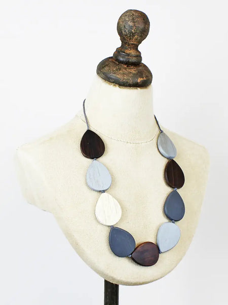 Wooden Teardrop Necklace - Grey/Brown/Beige
