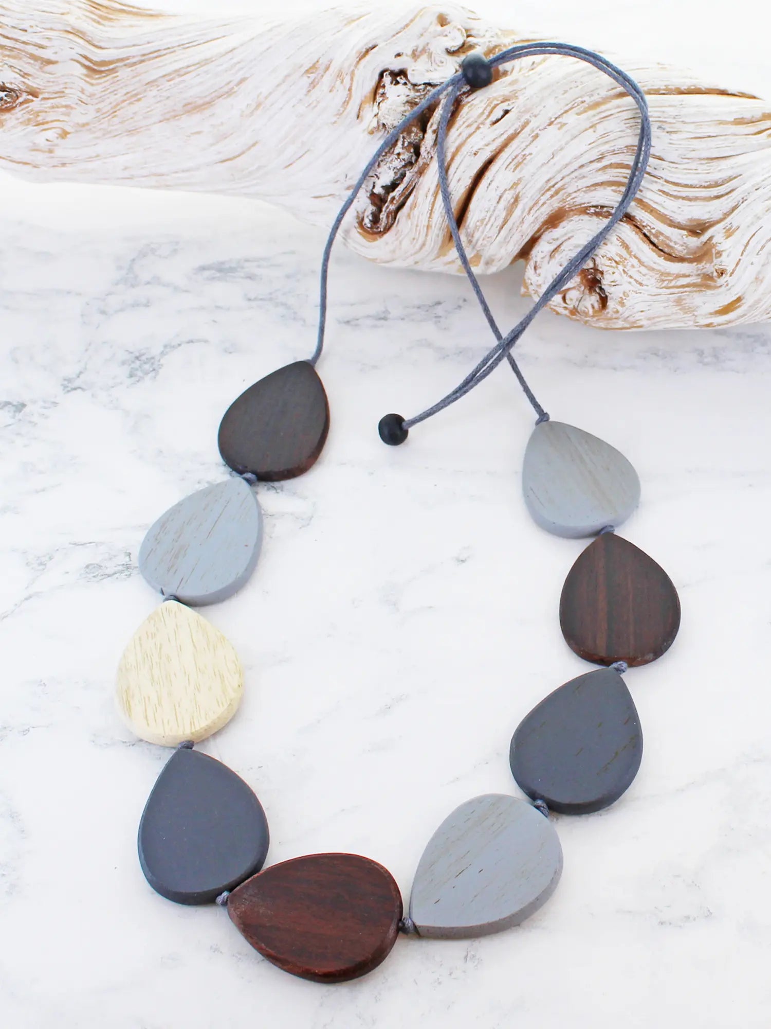 Wooden Teardrop Necklace - Grey/Brown/Beige