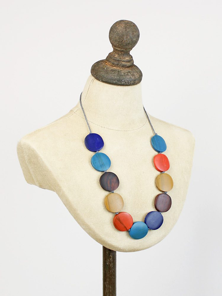 Wooden Graduating Round Disc Necklace - Blue Mix