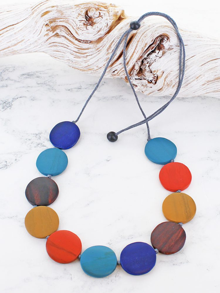 Wooden Graduating Round Disc Necklace - Blue Mix