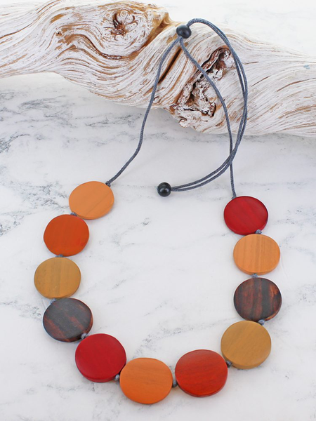 Wooden Graduating Round Disc Necklace - Or