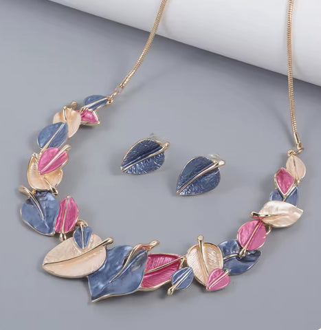 Leaf Necklace & Matching Earrings - Multi Coloured