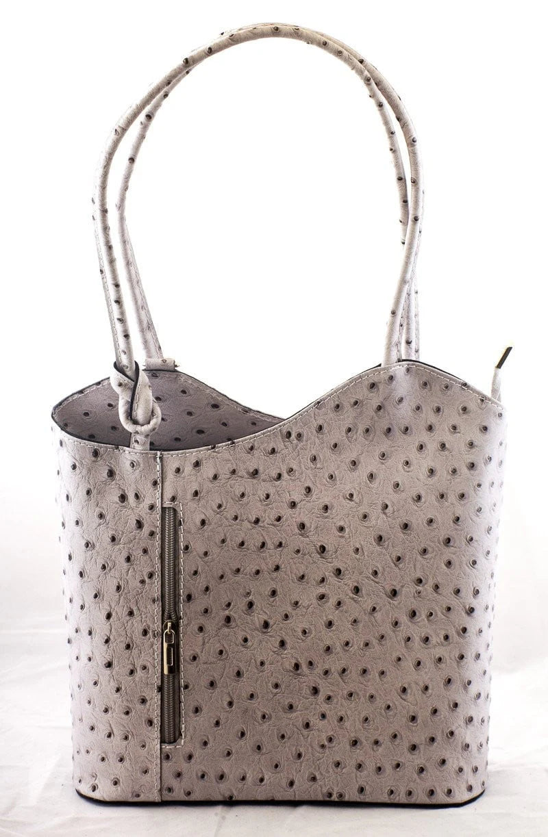 Ostrich Effect Leather Handbag Backpack - Grey/Beige