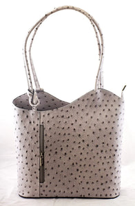 Ostrich Effect Leather Handbag Backpack - Grey/Beige