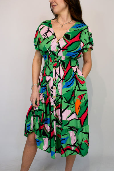 Crazy Abstract Print Dress - Green Mix