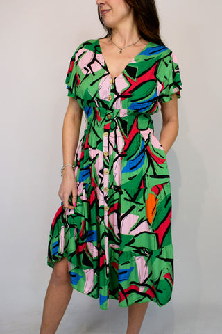 Crazy Abstract Print Dress - Green Mix