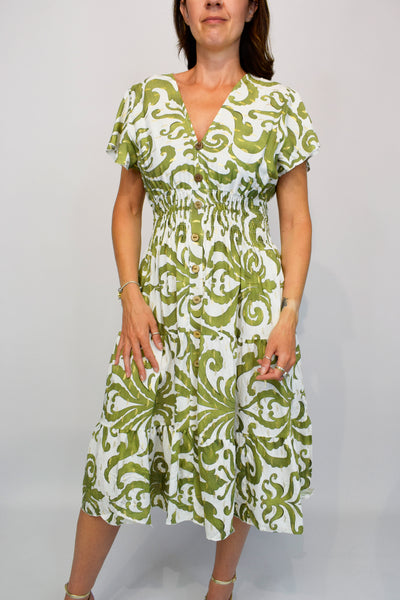 Gold Paisley Button Front Cotton Midi Dress - Khaki