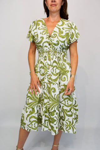 Gold Paisley Button Front Cotton Midi Dress - Khaki