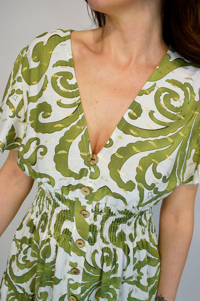 Gold Paisley Button Front Cotton Midi Dress - Khaki